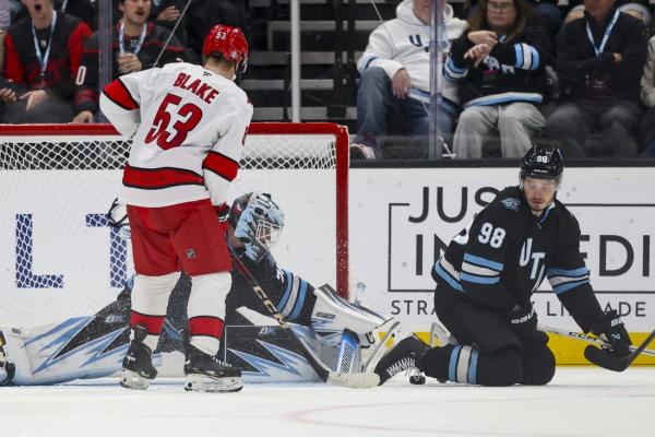 Utah’s Karel Vejmelka (49 saves) stymies Hurricanes